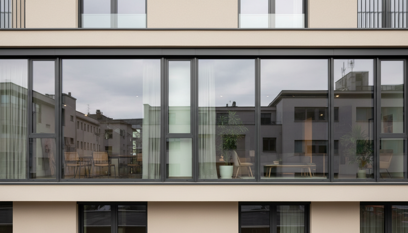 Modernes Wohnzimmer mit bodentiefen aluminiumfenster als Schiebetüren zur Terrasse, helles Tageslicht und moderne Einrichtung.