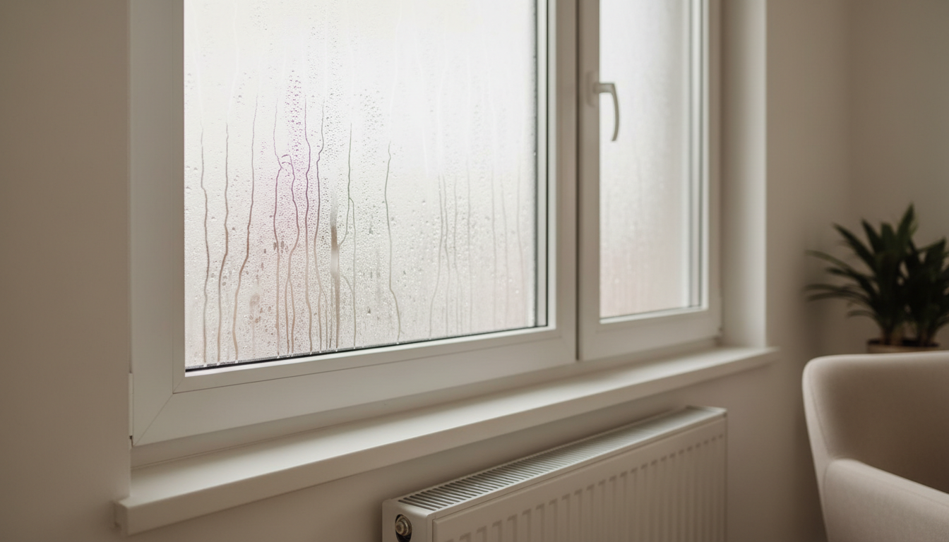 Wohnzimmer seitlich: Sofa mit Abstand zur Aussenwand, Radiator frei unter dem Fenster; beschlagene Fenster vermeiden.