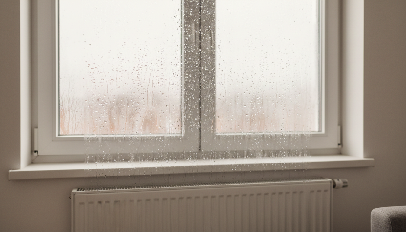 Modernes Bad mit beschlagenen Fenstern nach der Dusche, weiß geflieste Wände, Handtuch und gedämpftes Tageslicht.