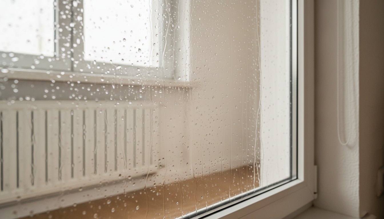 Nahaufnahme: beschlagene Fenster im Wohnraum, Wassertropfen an weißem Rahmen, Heizkörper sichtbar, Tageslicht