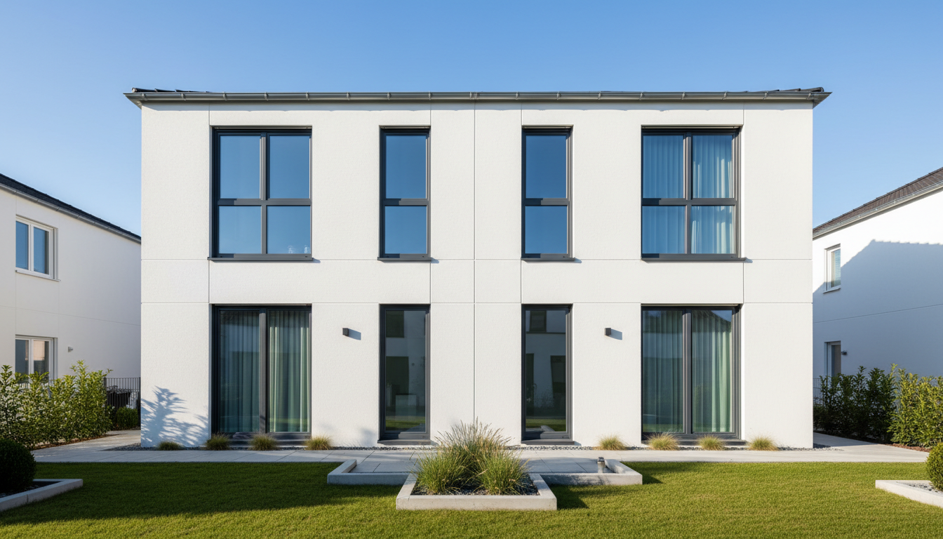 Modernes Wohnhaus mit fenster anthrazit, weißen Fassaden bei hellem Tageslicht, scharfe DSLR-Aufnahme