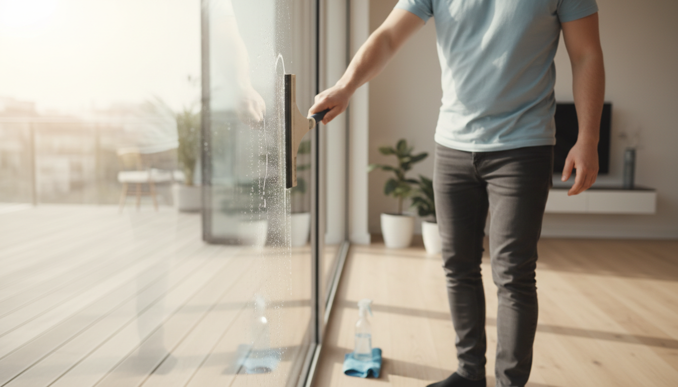 Fenster putzen Tipps: Vorher-Nachher-Foto eines Fensters, rechts sauber und streifenfrei, links verschmutzt.
