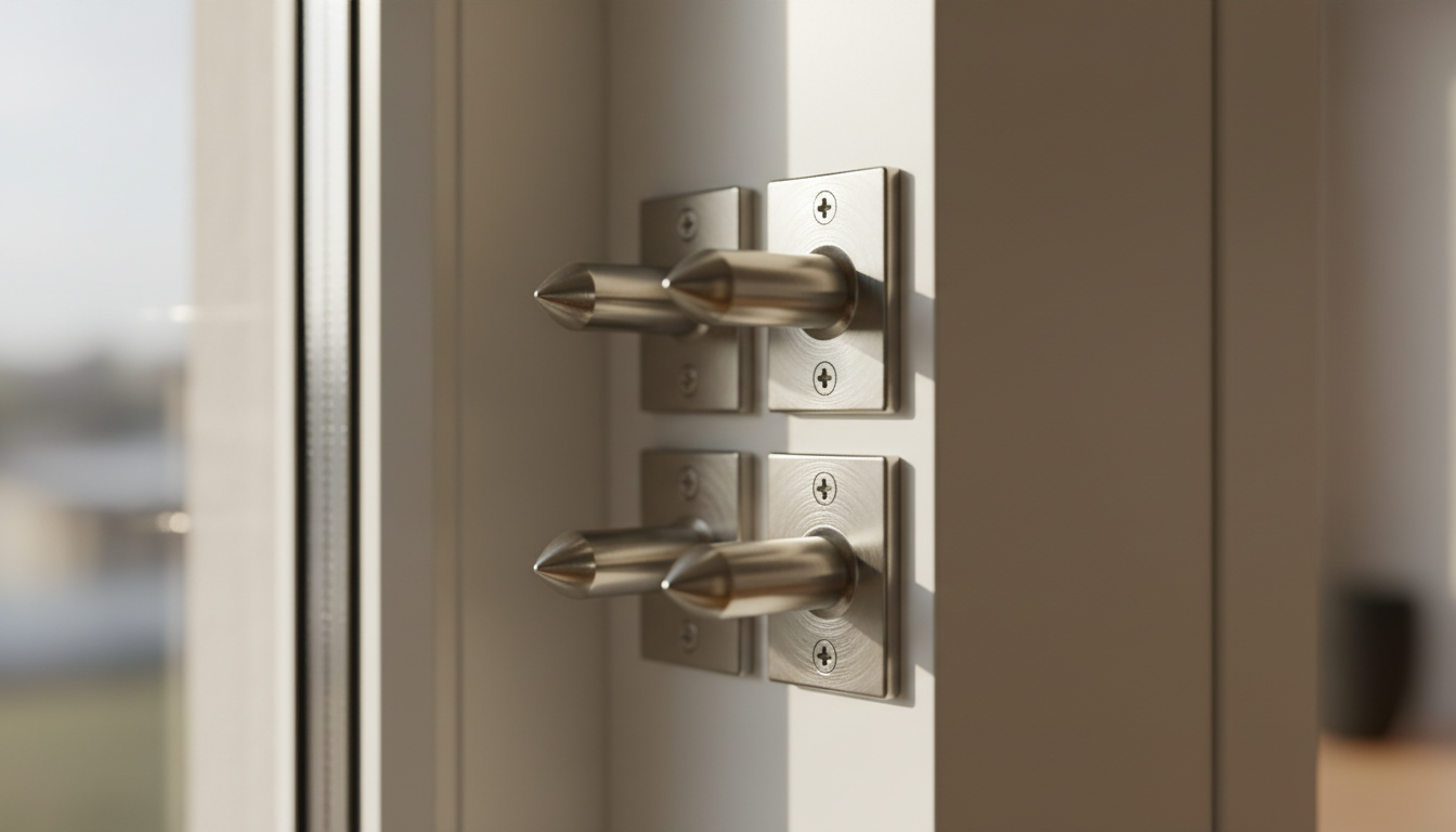 Nahaufnahme moderner Pilzzapfen und verstärkter Schließplatten, zeigt, wie Fenster sichern gelingt.