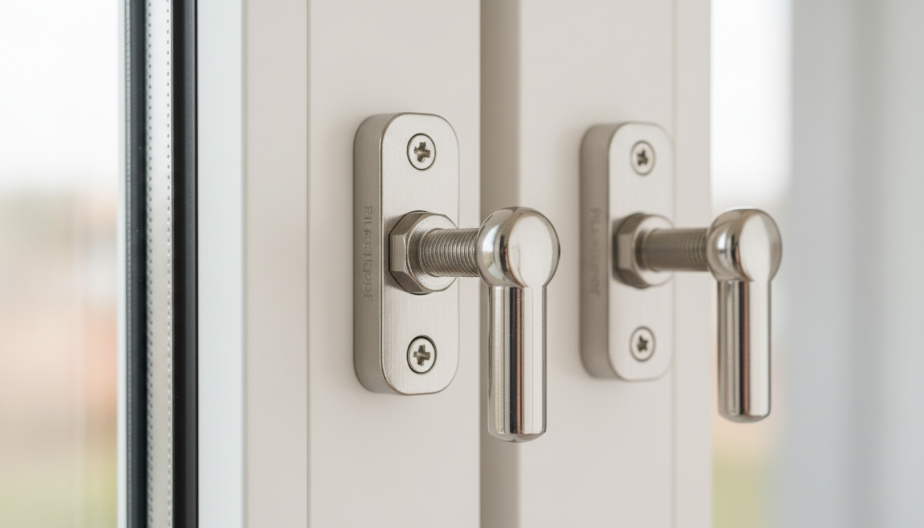 Nahaufnahme: Metallische Fenster-Sicherheitsbeschläge an weißem Rahmen, Detailaufnahme wie man Fenster sichern kann