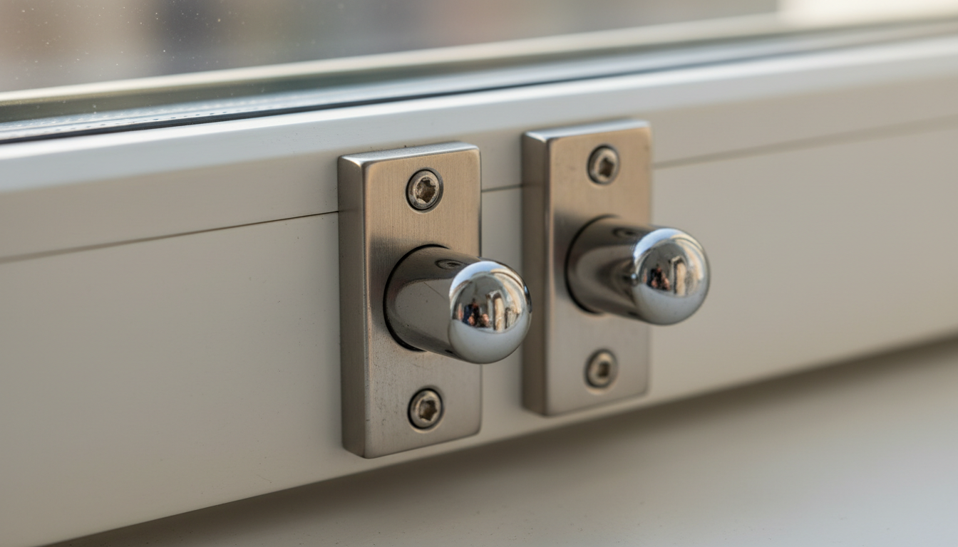 Modernes Wohnzimmer mit gesicherten Fenstern, sichtbaren Sicherheitsgriffen und verstärkten Rahmen — fenster sichern im Fokus.