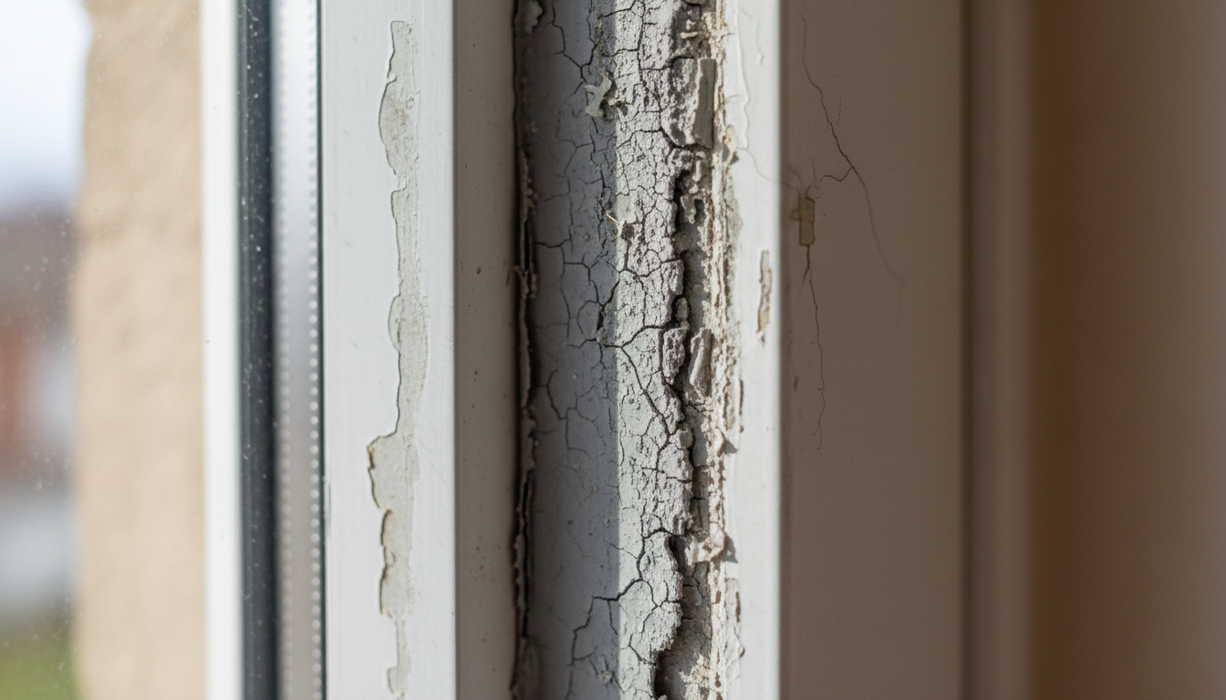 Handwerker installiert neue Fensterdichtungen an einem Fenster, Werkzeuge sichtbar, um fenster undicht zu beheben