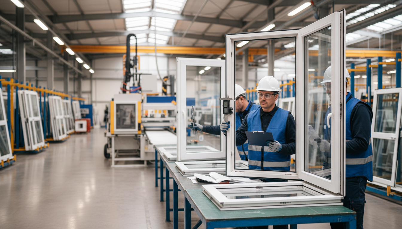Fertigungshalle mit automatisierter Fensterproduktion und Qualitätskontrolle – Fenster vom Hersteller, präzise gefertigt.