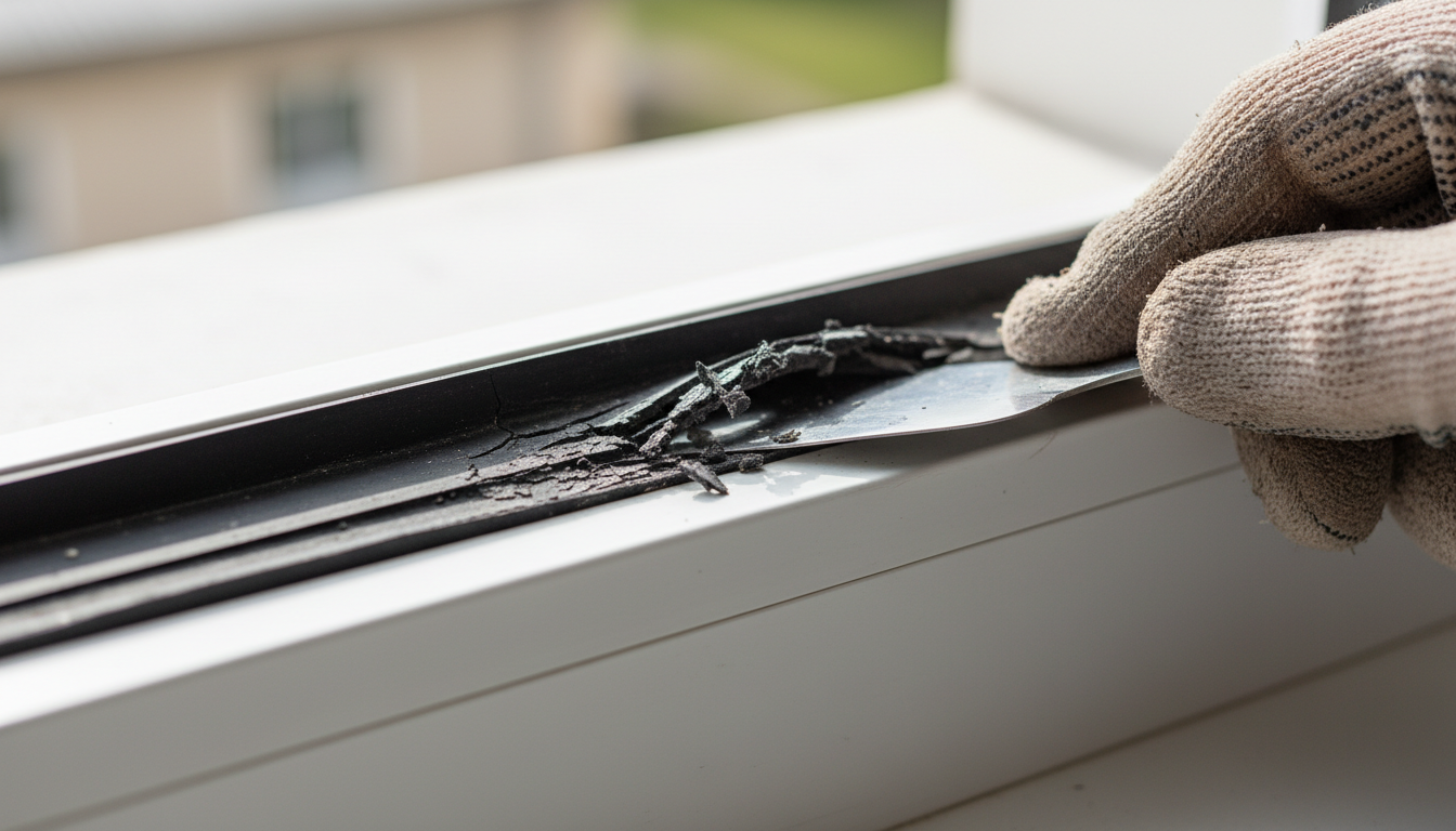 Nahaufnahme: Hand mit Spachtel entfernt rissige Gummidichtung aus weißem PVC-Rahmen – fensterdichtungen erneuern