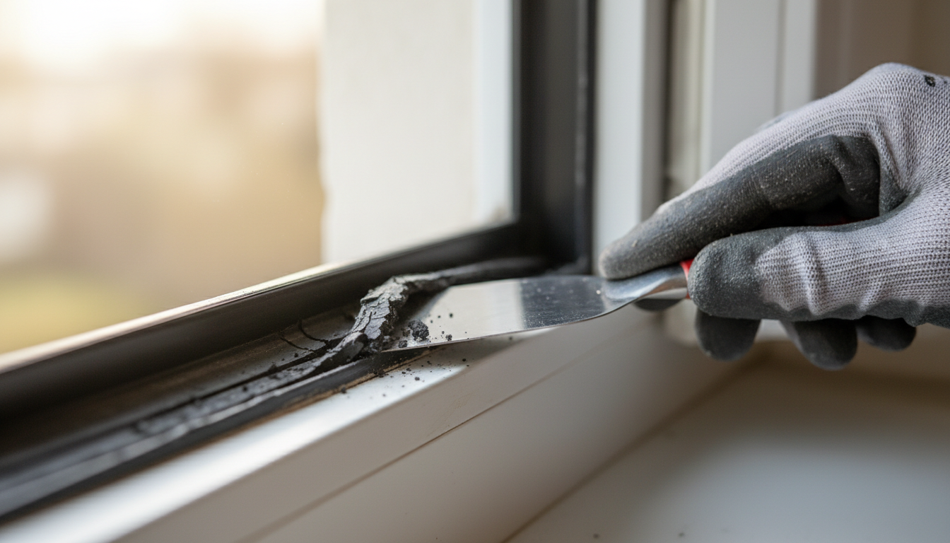 Hand mit Arbeitshandschuhen schiebt neue schwarze Gummidichtung ins weiße PVC-Fensterprofil, fensterdichtungen erneuern