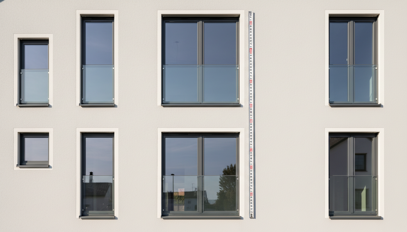 Fenstermaße: Standardgrößen moderner Hausfenster Mehrere Standardfenster an moderner Wohnfassade, deutliche Darstellung der Fenstermaße und Abmessungen.