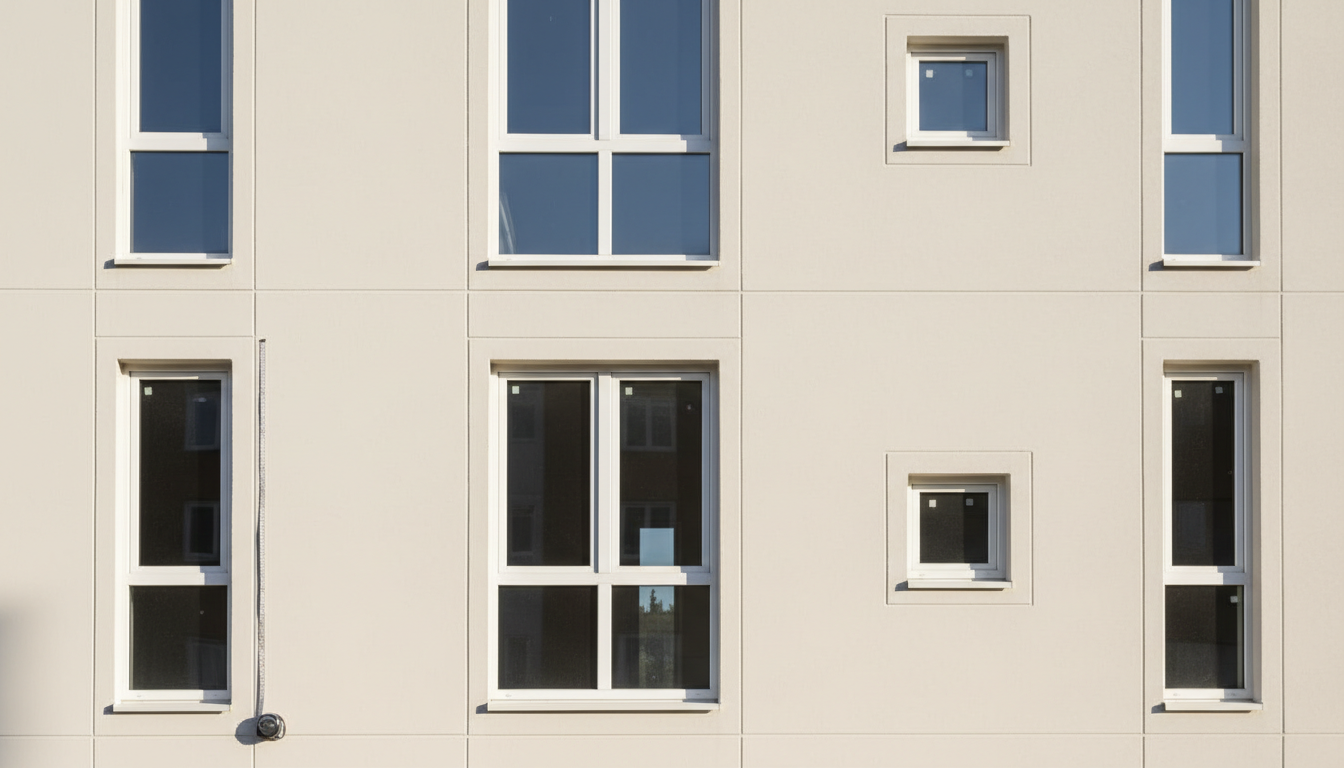 Fenstermaße präzise messen – Profi-Technik Person misst Fensteröffnung mit Metall-Zollstock und Wasserwaage – genaue Fenstermaße ermitteln