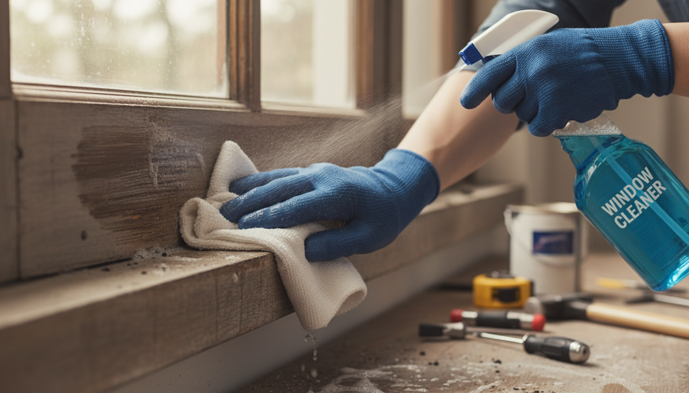 Nahaufnahme: Hände reinigen einen Holzfensterrahmen mit Tuch und Lösung, Schmutz wird entfernt – fensterrahmen streichen