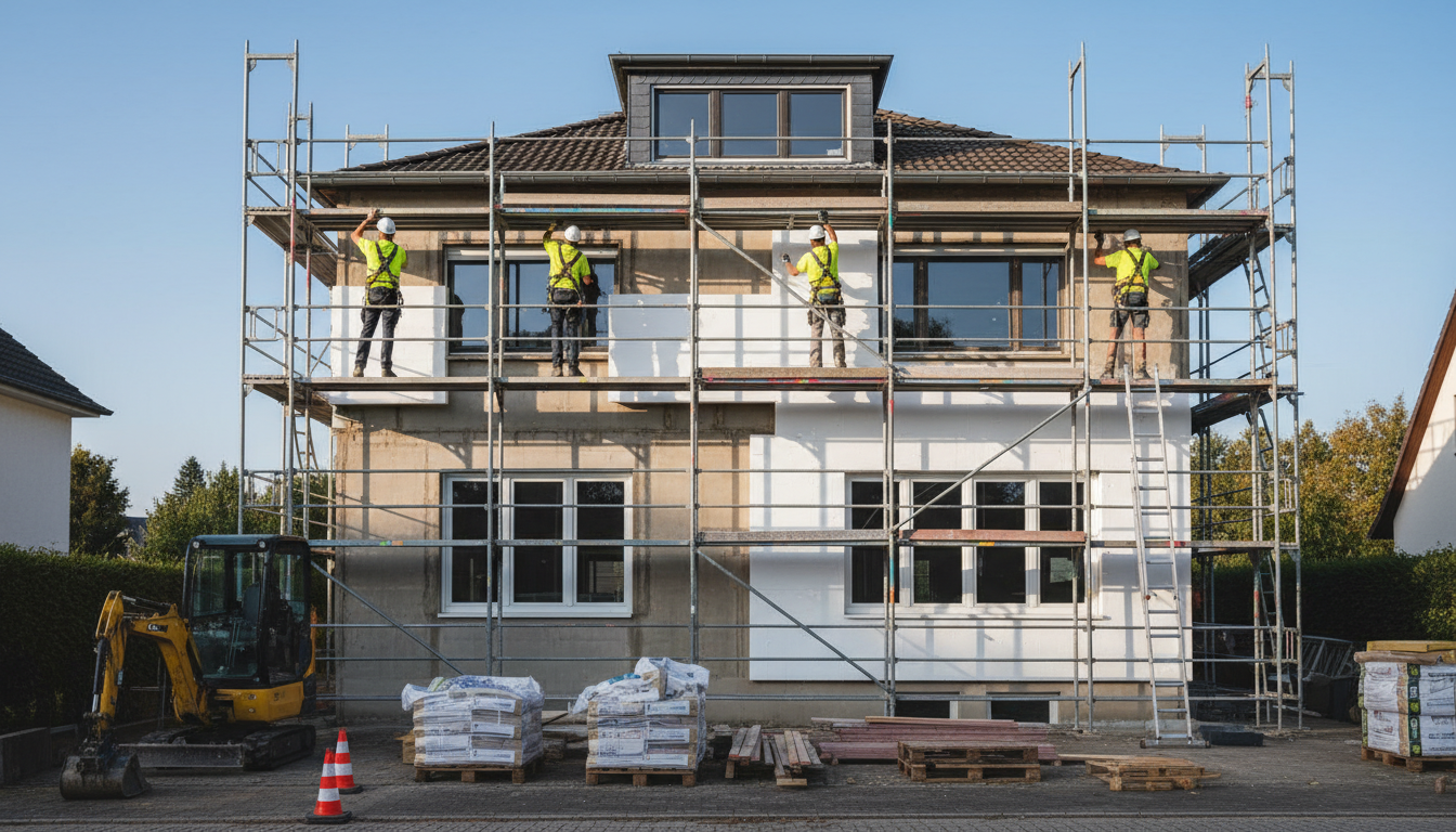 Professionelles Foto: Energieberater erklärt gebäudesanierung mit Thermokamera, Plänen und Laptop im Wohnzimmer