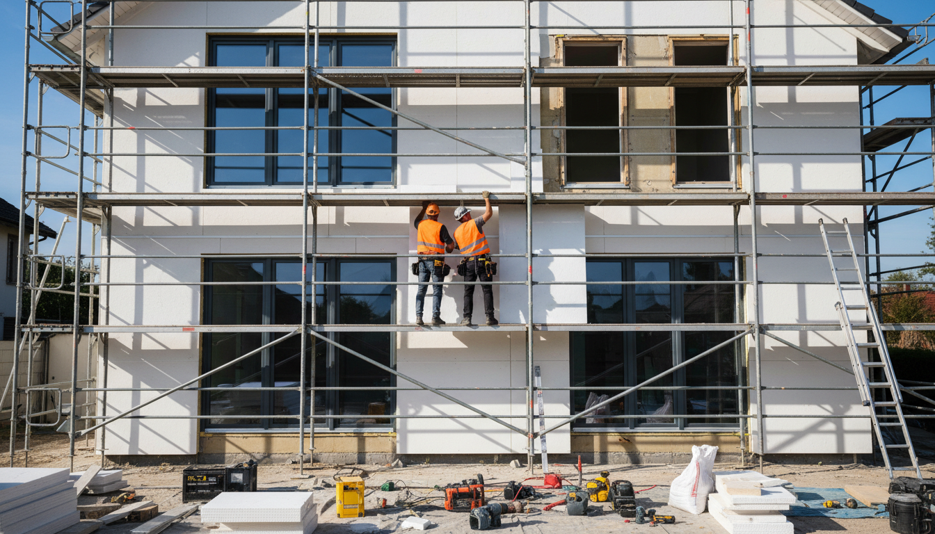 Split-Bild einer Gebäudesanierung: linke verwitterte Fassade rechte moderne gedämmte Fassade mit neuen Fenstern bei Tageslicht.