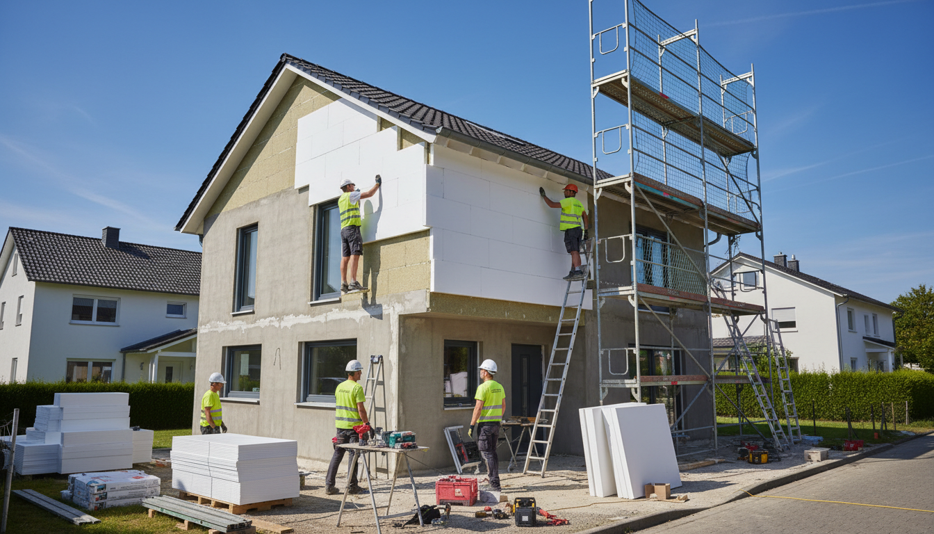 Haus daemmen: Dach mit Mineralwolle 2025 Innenaufnahme: Handwerker montiert Mineralwolle zwischen Sparren bei Haus dämmen, sichtbare Holzbalken und Fensterlicht.