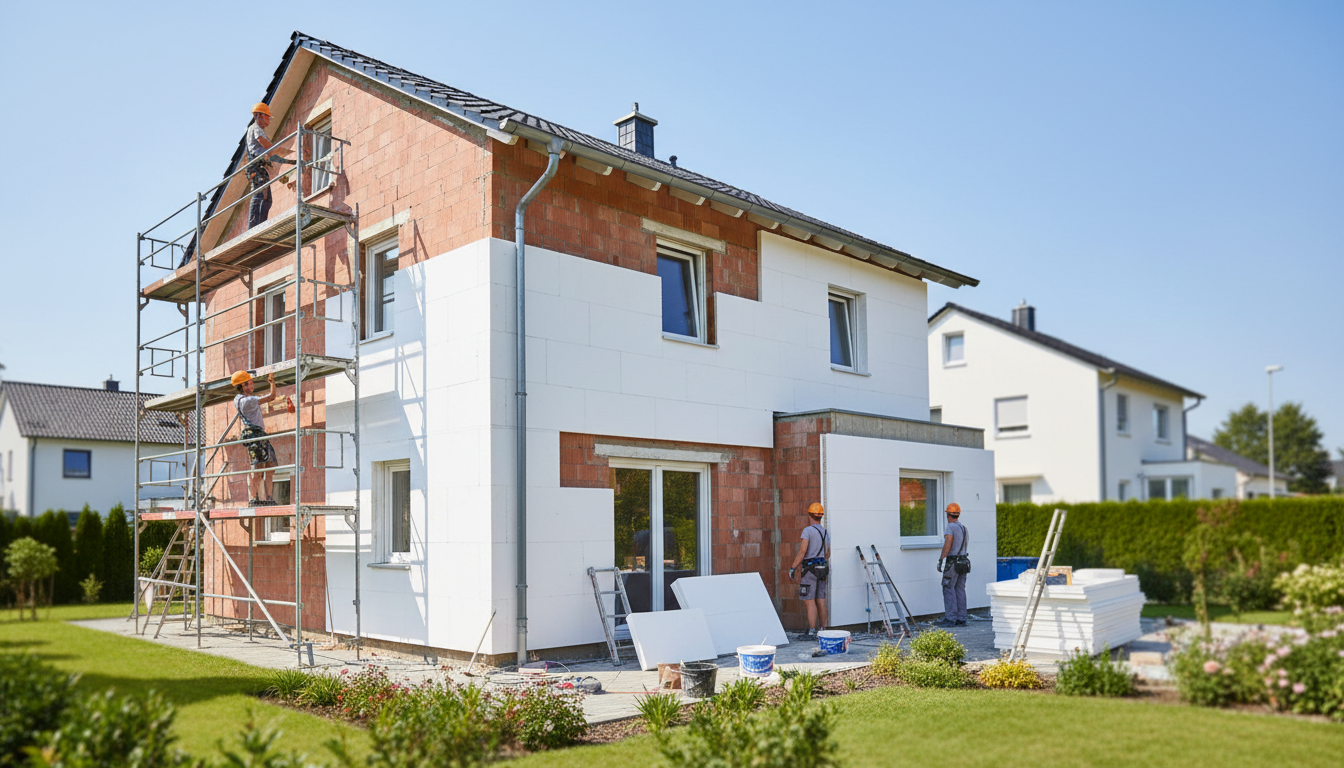haus daemmen: Moderne Fassadendaemmung! Arbeiter beim haus dämmen: Weiße Isolierplatten werden an moderner Hausfassade montiert.