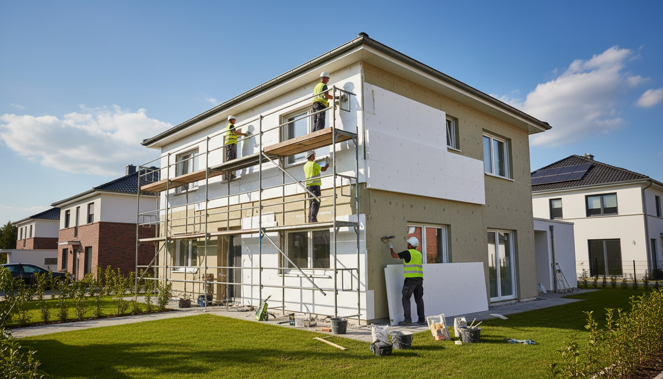 Haus dämmen: Wärmebild und Energieausweis am Schreibtisch Energieausweis neben Wärmebildkamera auf Schreibtisch: Dokumente und Bild zum haus dämmen zeigen Wärmeverlust an Hausfassade