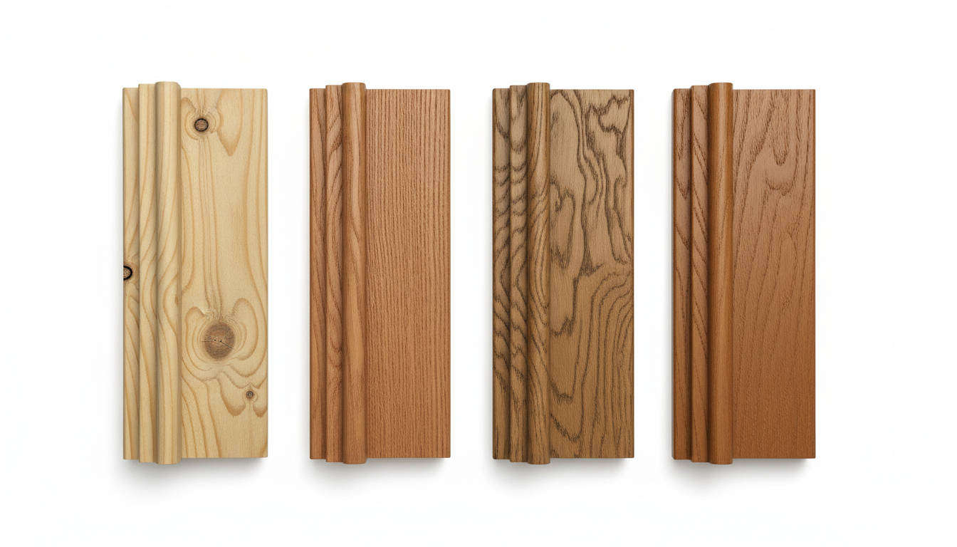 Nahaufnahme verschiedener Holzarten (Kiefer, Lärche, Eiche, Meranti) – ideal zum holzfenster kaufen