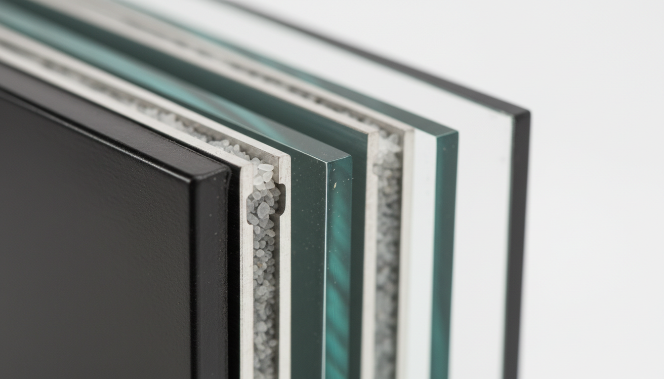 Makroaufnahme des Isolierglas-Querschnitts: drei Scheiben, Abstandhalter und gasgefüllte Kammern.