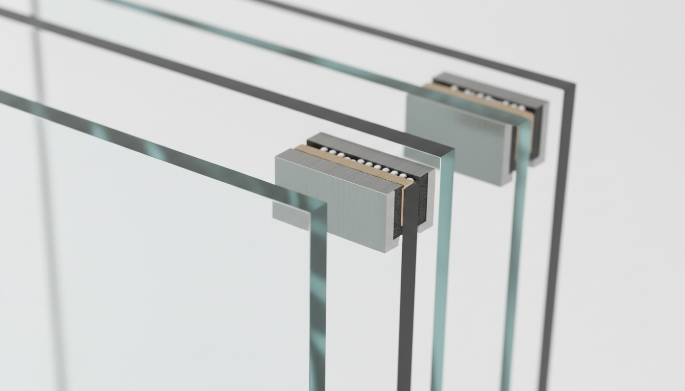 Infografik eines modernen Büros mit isolierglas U-Werte-Vergleich und Wärmebild-Overlay zur Visualisierung von Wärmeverlusten.