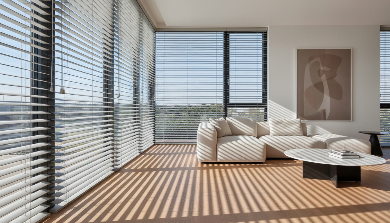 Modernes Wohnzimmer mit Aluminiumjalousien: jalousien für fenster halb geöffnet, Tageslicht fällt durch Lamellen.