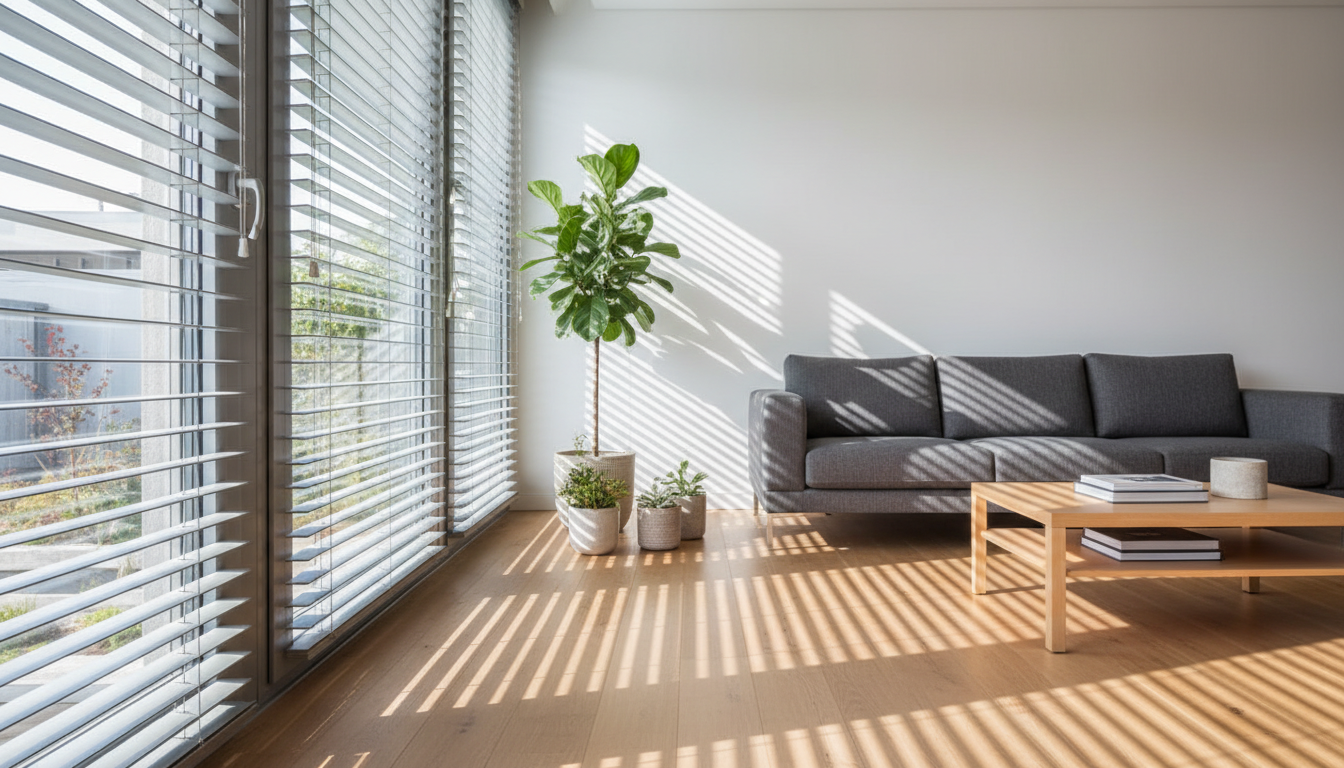Professionelles Close-up: Hände mit Handschuhen reinigen Aluminium-Jalousien für Fenster mit Mikrofasertuch im Tageslicht.