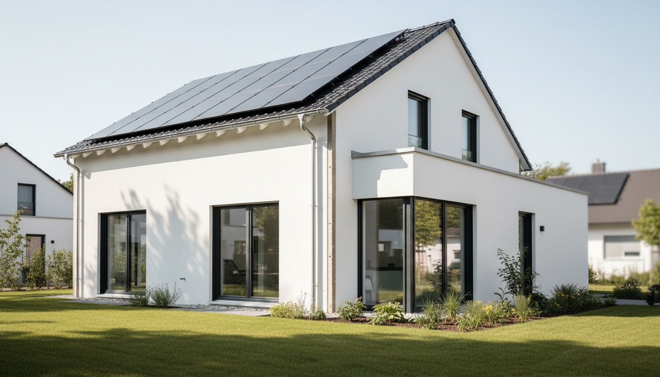 KfW Effizienzhaus: Modernes Haus mit Solarenergie Modernes KfW Effizienzhaus mit Dreifachverglasung, Solarpaneelen auf dem Dach und weißer, gut gedämmter Fassade