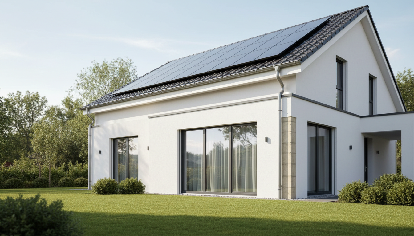 KfW Effizienzhaus: Antragsunterlagen am Schreibtisch Überblick auf Schreibtisch mit Laptop (KfW-Website), Antragsunterlagen, Bauplänen und Taschenrechner für KfW Effizienzhaus