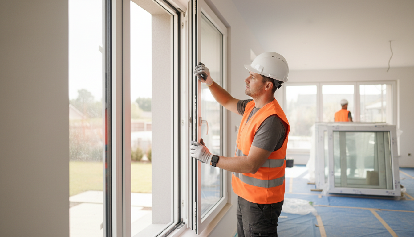 Bauarbeiter montiert moderne dreifach verglaste Fenster bei Renovierung, helles Tageslicht, kfw förderung fenster