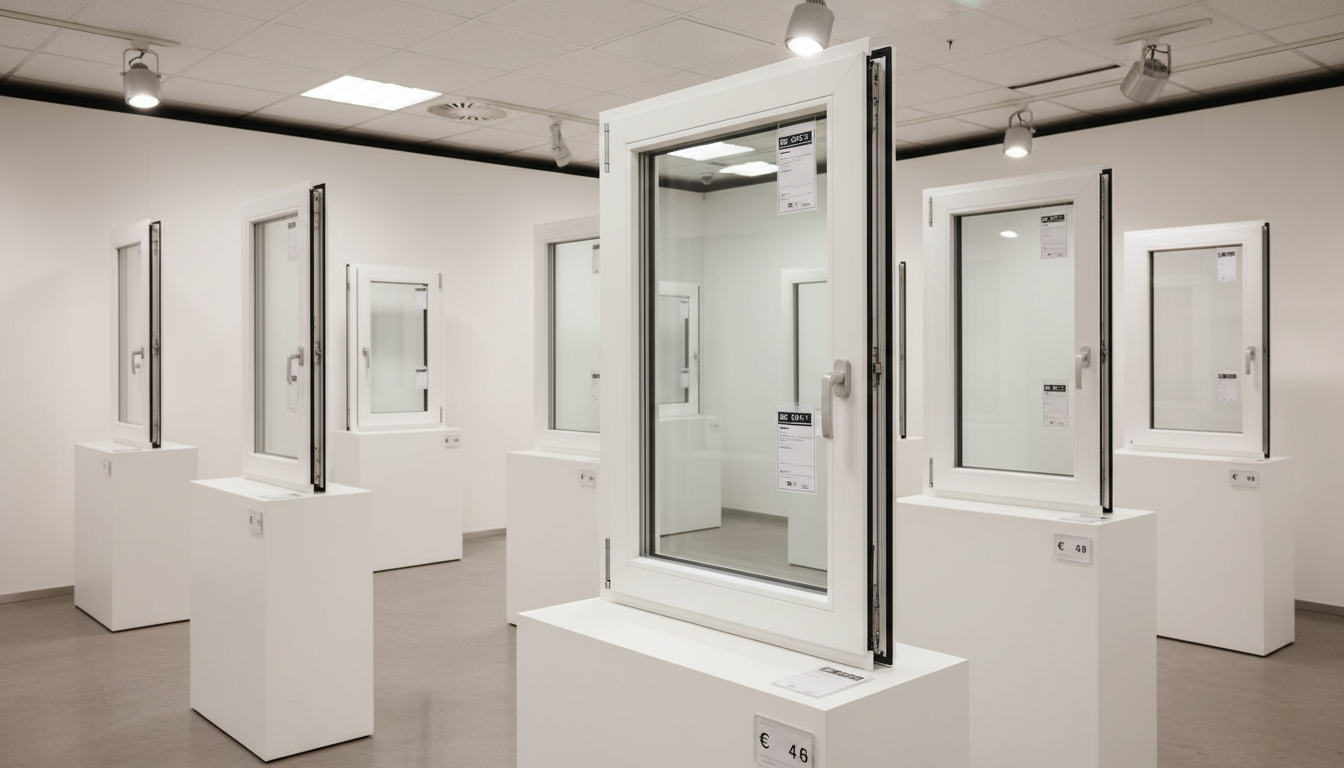 Kunststofffenster Preise - Moderne PVC Fenster im Showroom Kunststofffenster Preise: weiße PVC-Fenster mit Preisschildern im Showroom, professionelle DSLR-Aufnahme