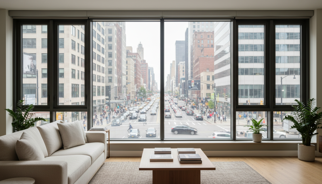 Moderne Fassade mit Schallschutzfenster Außenfoto einer modernen Hausfassade mit neuen Schallschutzfenstern, blauem Himmel und natürlichem Licht