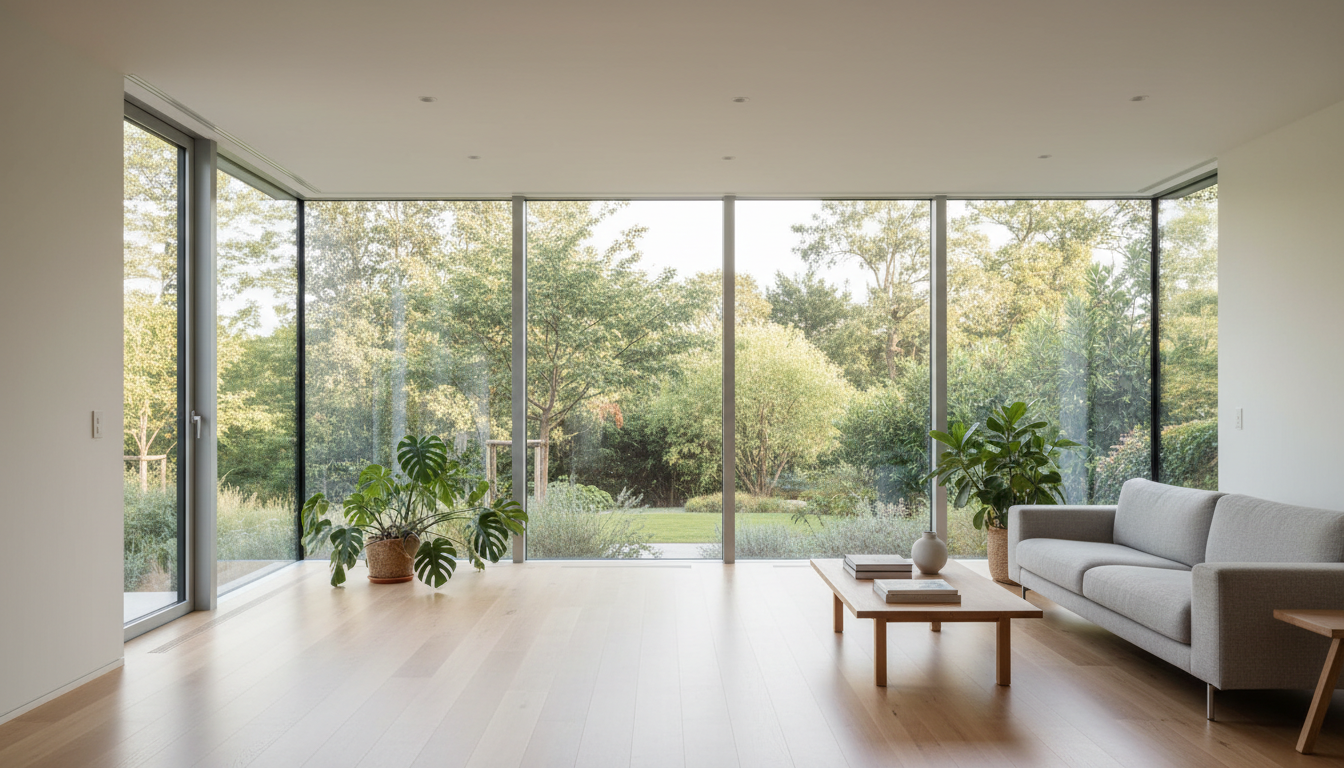 Moderne Hausfassade mit großen Panoramafenstern, schlanken Aluminiumrahmen und reflektierendem Glas.