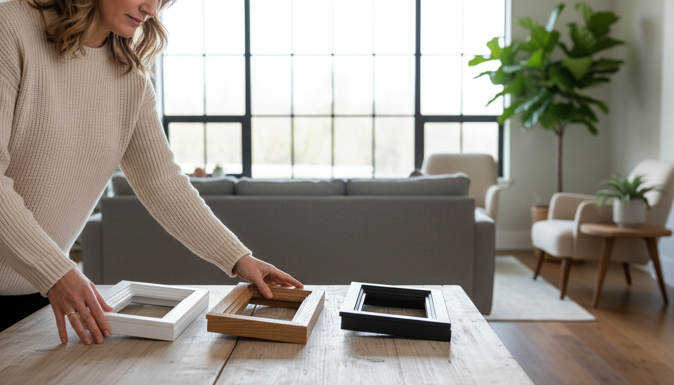 Neue Fenster Kosten: Vergleich von Materialien Hausbesitzer vergleicht Fensterproben in Weiss, Holz und Anthrazit auf Tisch im Wohnzimmer – neue fenster kosten prüfen