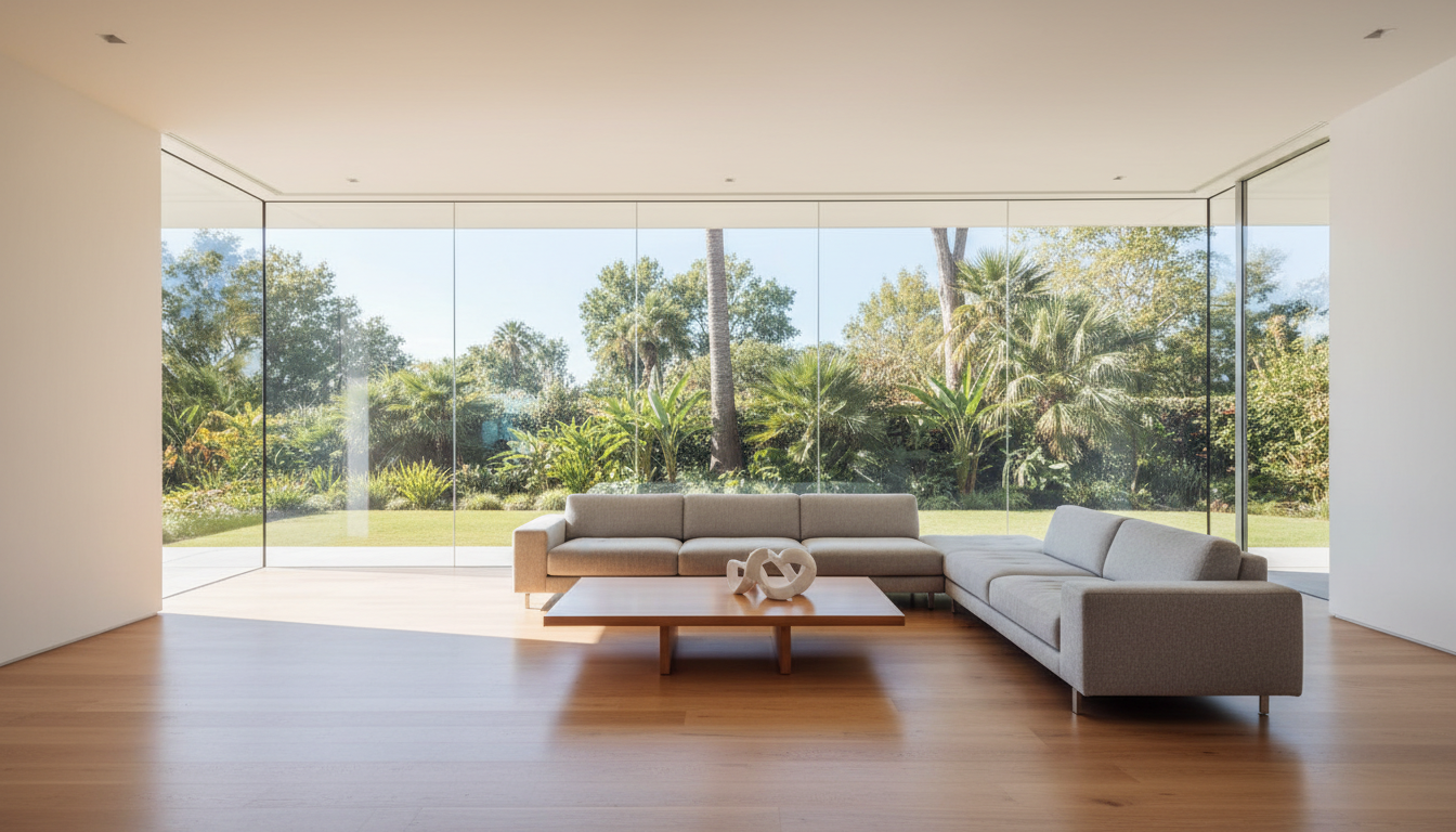 Nahaufnahme: modernes Panoramafenster mit Aluminiumprofil, dreifachverglasung und scharfen Detailkanten