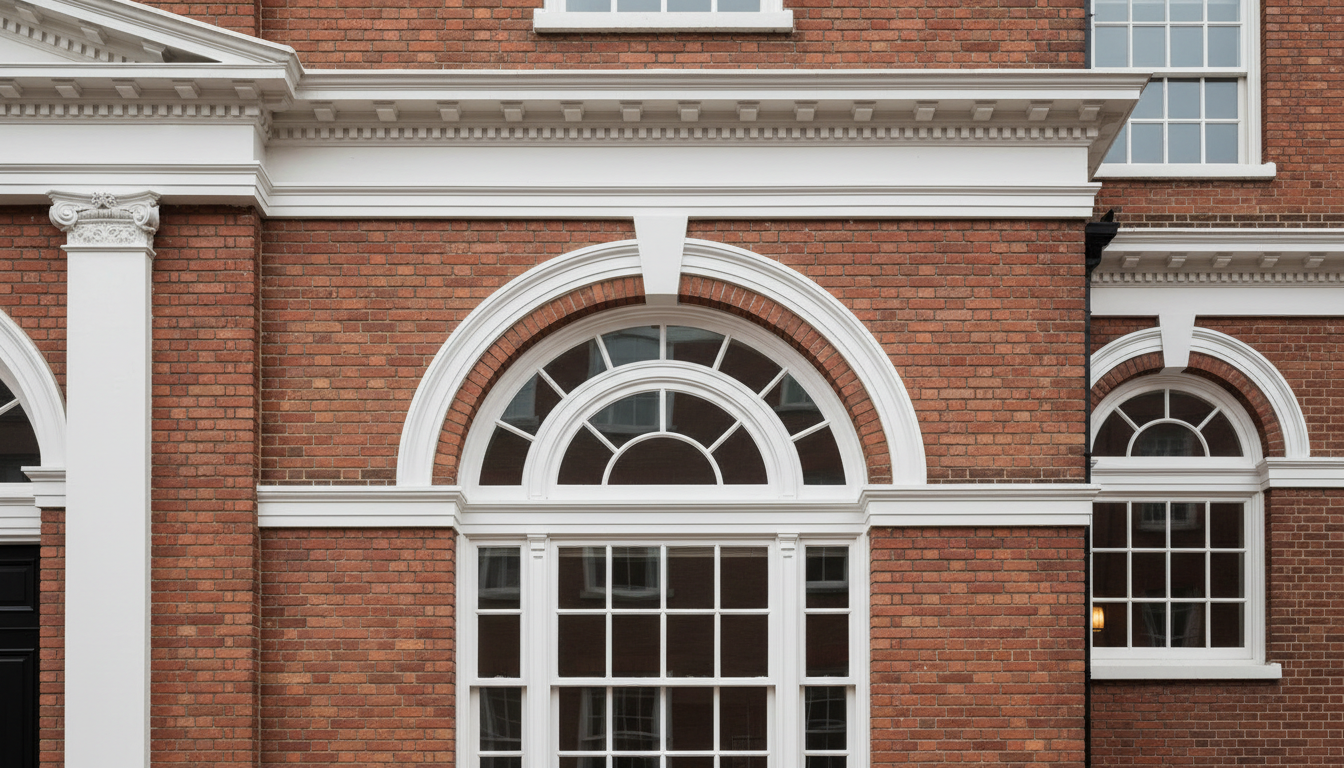 Außenansicht: klassisches rundbogenfenster in roter Backsteinfassade mit weißem Rahmen