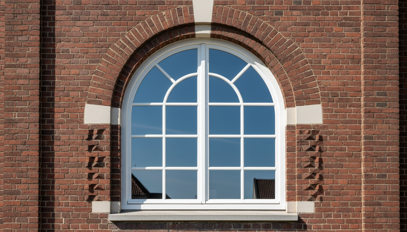 Elegantes rundbogenfenster im Wohnraum, Sonnenlicht fällt auf weiße Wände und Holzfußboden