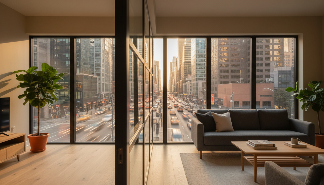 Schallschutzfenster fuer ruhiges Wohnen Moderne Schallschutzfenster in urbanem Apartment: ruhiges Wohnzimmer trotz Verkehr und Tageslicht