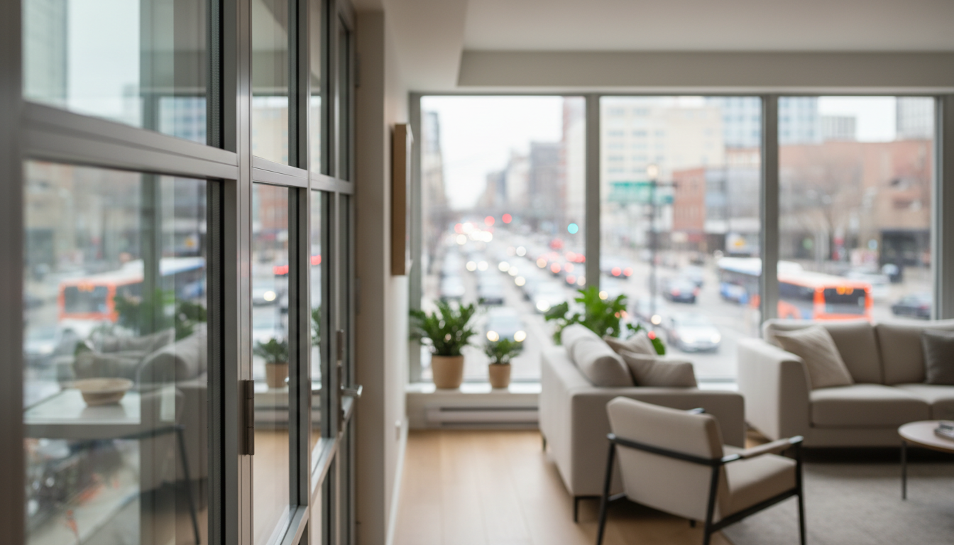 Schallschutzfenster Querschnitt: Mehrscheiben-Ansicht Nahaufnahme eines Schallschutzfenster-Querschnitts mit mehreren Glasscheiben, Dichtungssystem und technischer Detailansicht