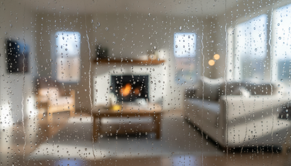 Macroaufnahme von beschlagenen Fenstern mit klaren Wassertropfen auf Glas, unscharfer gemütlicher Wohnraum dahinter