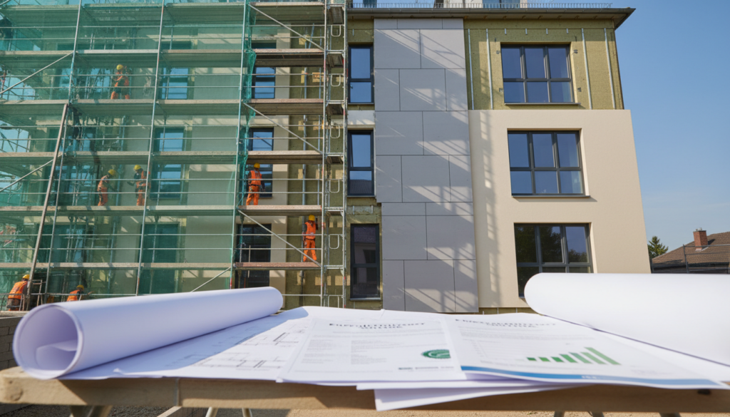 Moderner Wohnhausumbau mit Geruest, neuen Daemmplatten und Zertifikaten im Vordergrund – Gebäudesanierung in Arbeit