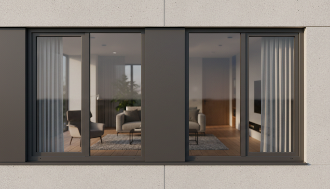 Modernes Fenster Anthrazit in mattem Finish, scharfe Rahmen-Details, warmes Licht und dezenter Bokeh-Hintergrund.