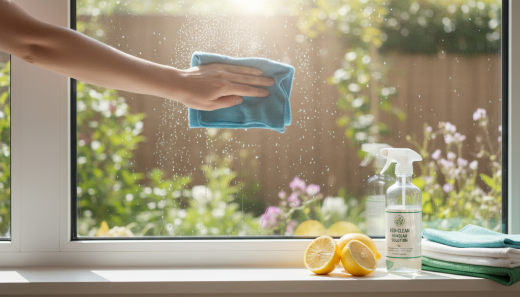 Fenster putzen tipps: Nahaufnahme einer Person, die mit Mikrofaser und Zitronenwasser ein streifenfreies Fenster reinigt.