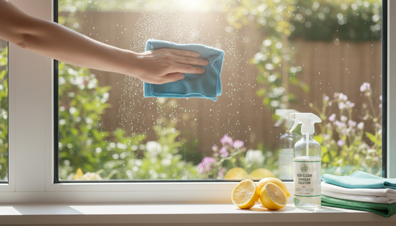 Fenster putzen tipps: Nahaufnahme einer Person, die mit Mikrofaser und Zitronenwasser ein streifenfreies Fenster reinigt.
