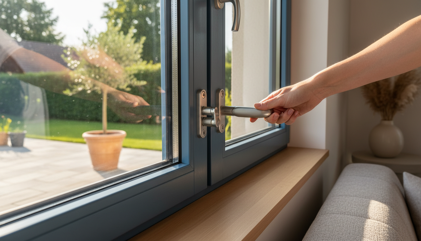 Innenaufnahme: Hand prüft Mehrpunktverriegelung und verstärkten Rahmen, realistisches Detailfoto – fenster sichern