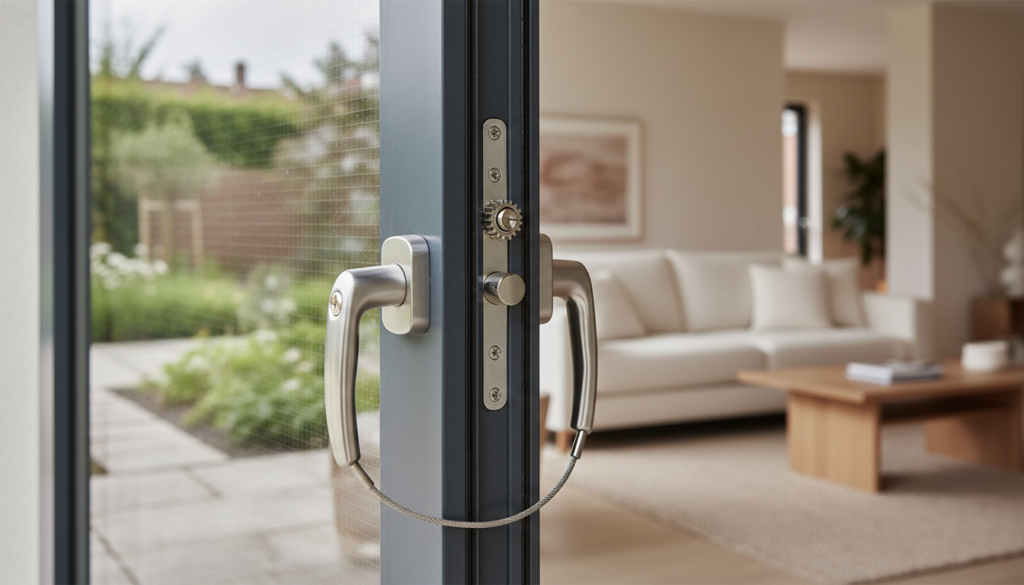 Modernes Wohnfenster mit verstärktem Glas, Mehrpunktverriegelung und Sicherheitsgriff - fenster sichern echt im Detail.