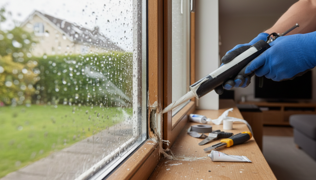 Handwerker dichtet Fensterrahmen mit Sealant; deutliches Wasser und Kondensation, fenster undicht