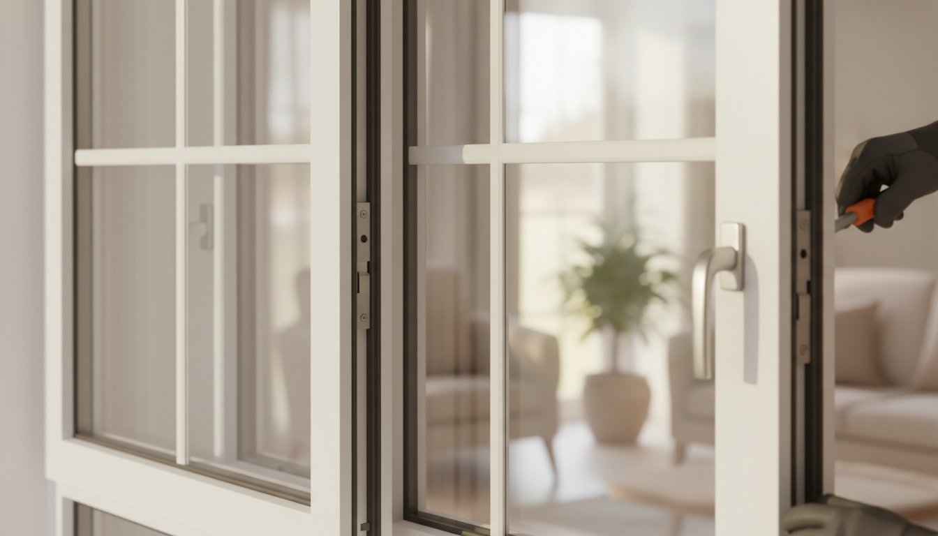 Nahaufnahme: Fenster vom Hersteller mit hochwertigem Rahmen und Mehrfachverglasung, Monteur justiert fachgerecht