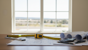 Modernes Wohnzimmer mit großem Fenster, Messband und Bauplänen – fenstermaße klar sichtbar, helle professionelle Aufnahme.