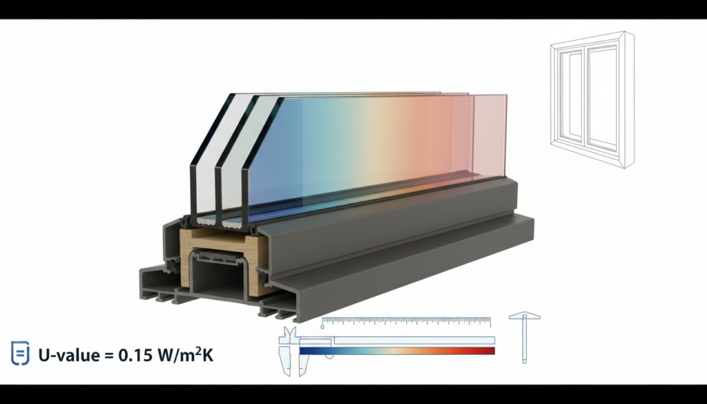 Detailaufnahme eines modernen Fenster-Querschnitts mit Isolationsschichten, Messwerkzeugen und uw wert Kennzeichnung