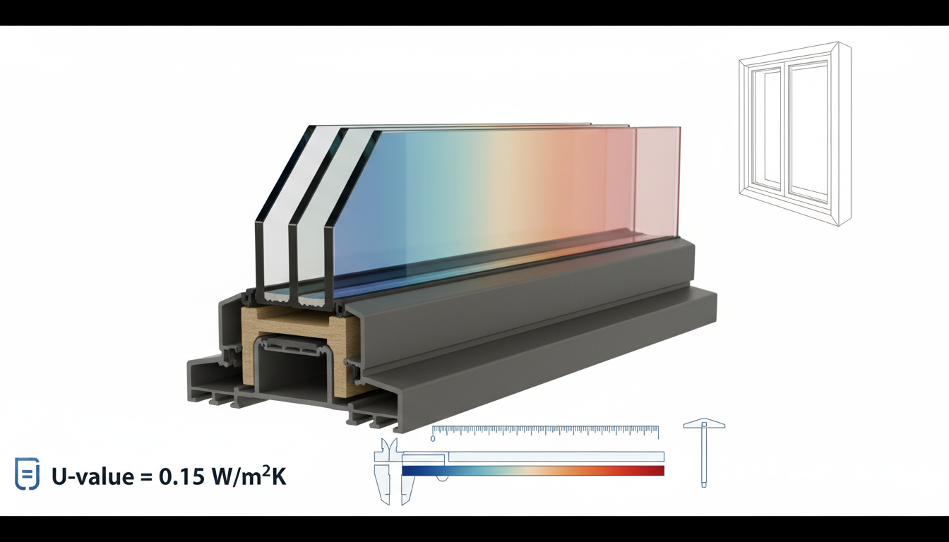 Detailaufnahme eines modernen Fenster-Querschnitts mit Isolationsschichten, Messwerkzeugen und uw wert Kennzeichnung
